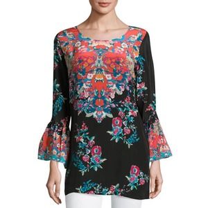 Tolani Belle Floral-Print Black Pink Silk Tunic Bell Sleeve Size Small